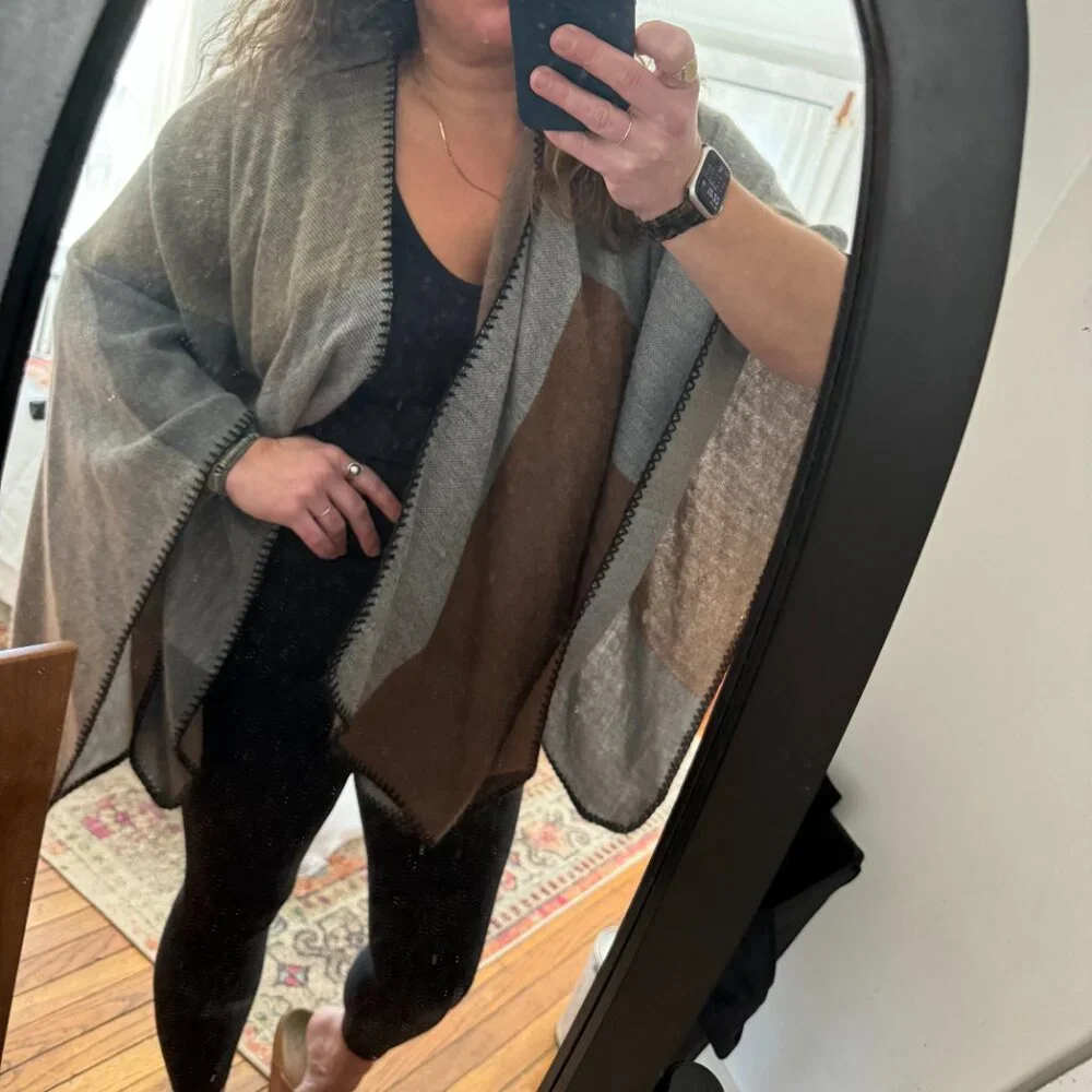 EUC Black, Gray, Brown and Tan Wool Drape Poncho - Picture 2 of 5